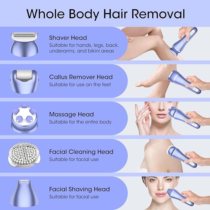 Epilator for Women, 7 in 1 Hair Removal for Women, Body Shaver, Bikini Trimmer, Face Razor, Facial Brush, Face Massage, Foot Callus Remover, IPX7 Waterproof Electric Shavers, Ideal Female Gift-Velvo Beauty