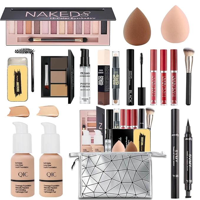 All in One Makeup Kit,Includes Naked Eyeshadow Palette,Liquid Foundation,Lipstick Set,Mascara,Makeup Brush,Makeup Sponge,Eyebrow Powder,Eyebrow Soap,Eyeliner Stamp, Primer,Contour Stick,Cosmetic Bag-Velvo Beauty