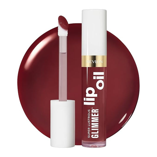 REVLON Super Lustrous Glimmer Lip Oil, Moisturizing & Tinted, Shiny Finish, Made with Plant-Based Squalane, 010 Wined Down, 0.13 fl oz-Velvo Beauty