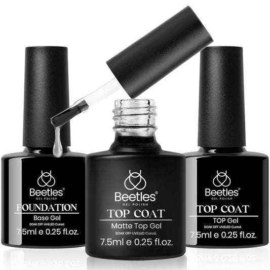 Beetles Matte Top Coat Gel Nail Polish Gel Top Coat & Base Set, 3Pcs Matte & Shiny Top Coat Nail Polish and Base Coat, No Wipe Long Lasting High Gloss and Matte Effects Soak off Uv DIY at Home-Velvo Beauty