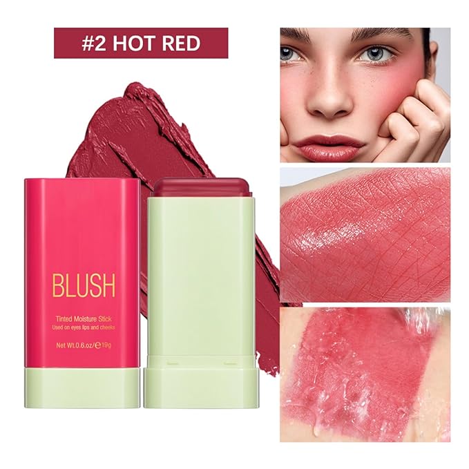 Blush Stick, Cream Blush Stick for Cheeks & Lips, Blendable Long-Lasting Multi-Use Contour Stick & Highlighter Makeup (#2 HOT RED)-Velvo Beauty