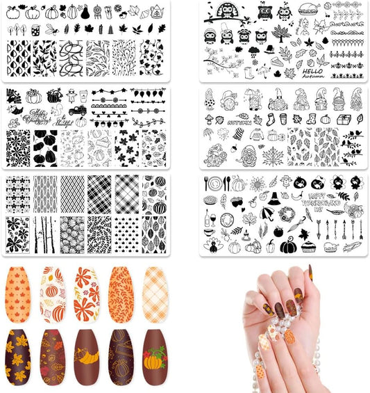 ALIBBON 6 Pcs Fall Nail Stamping Plates Set, Leaves Background Nail Art Stamp Templates, Pumpkin Gnome Stamp Templates Kit, Happy Thanksgiving Day Metal Nail Plates for DIY Printing Decor 4.7×2.4"-Velvo Beauty