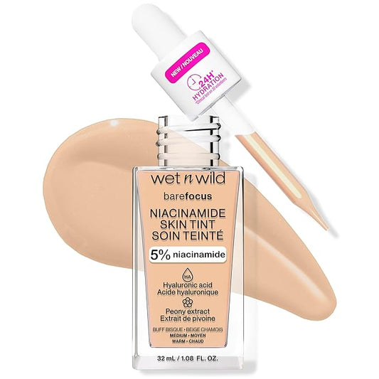 wet n wild Bare Focus Skin Tint, 5% Niacinamide Enriched, Buildable Sheer Lightweight Coverage, Natural Radiant Finish, Hyaluronic & Vitamin Hydration Boost, Cruelty-Free & Vegan - Buff Bisque-Velvo Beauty
