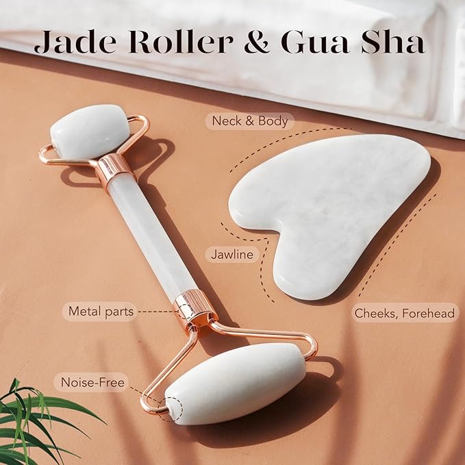 BAIMEI Jade Roller & Gua Sha Set Face Roller and Gua Sha Facial Tools for Skin Care Routine and Puffiness, Self Care Gift for Men Women - White-Velvo Beauty