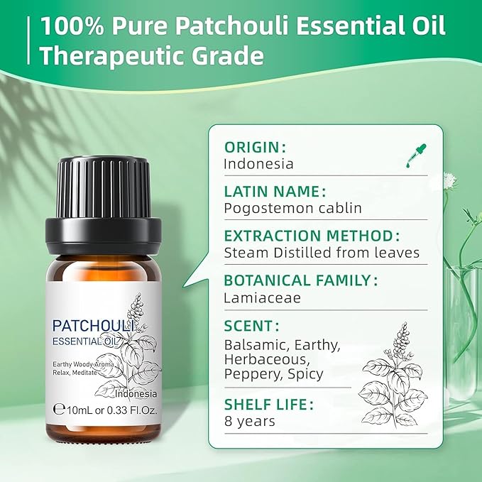 HIQILI 0.33Fl Oz Patchouli Essential Oil,100% Pure for Diffuser,Perfume DIY, Candle Soap Making-10ml-Velvo Beauty