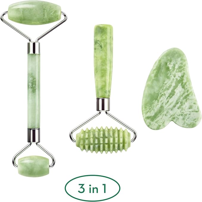 kimkoo Jade Roller and Gua Sha for Face-3 in 1 Kit with Facial Massager Tool,100% Real Natural Jade Stone Anti Aging,Face Beauty Set for Eye Anti-Wrinkle-Velvo Beauty
