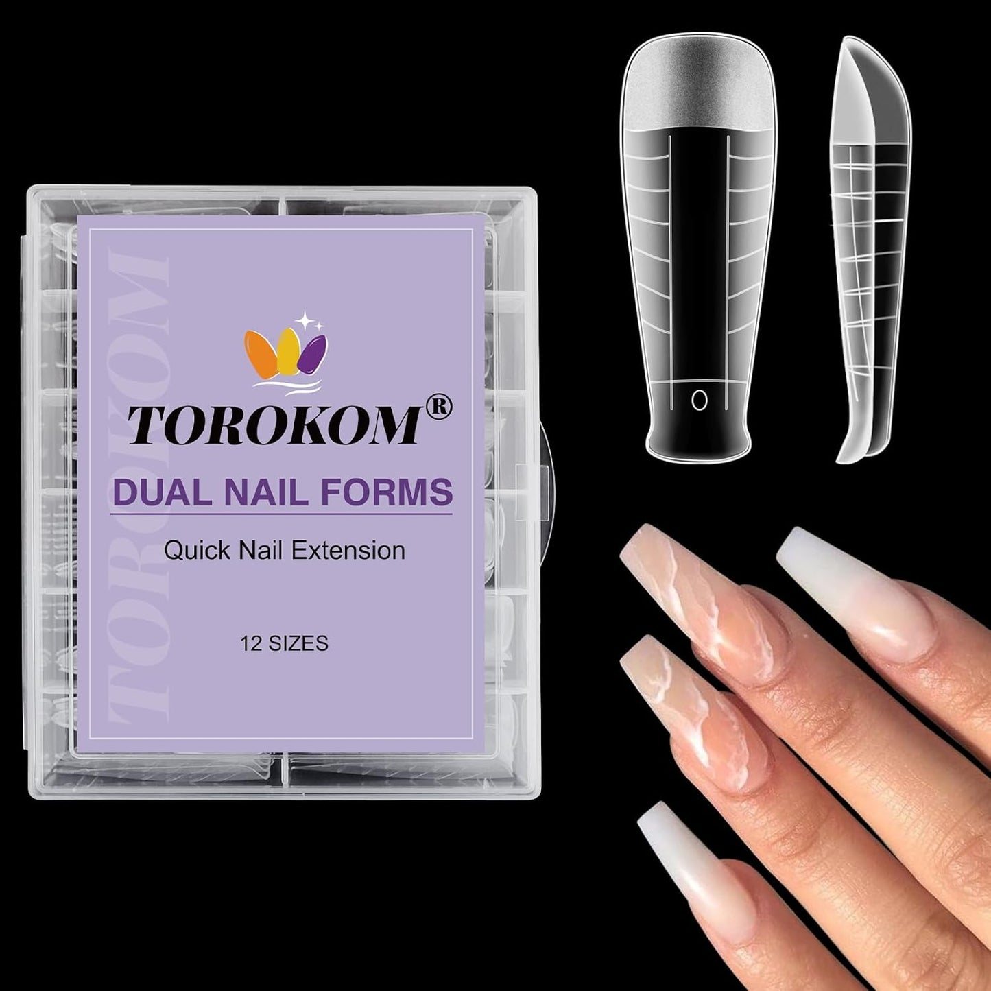 TOROKOM 120Pcs Poly Extension Gel Dual Nail Forms T-Shapes Clear Nail Forms Full Cover Coffin Nail Molds 12 Sizes for Gel Manicure Nail Art Design Salon&DIY-Velvo Beauty