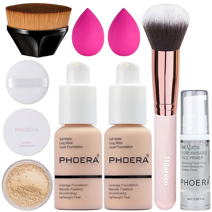 PHOERA Foundation, Full Coverage Foundation, PHOERA Primer, PHOERA Powder, PHOERA Makeup Set, Kabuki Makeup Brushes Foundation Brush Powder Brush,2 Pcs Makeup Sponge (2PCS 101- Porcelain)-Velvo Beauty