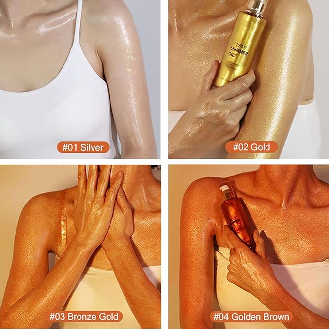 Shimmer Body Oil-Golden Brown Face Brighten Pearl Highlighter Liquid Illuminator Body Glow Oil,4 Color Bronze Makeup Glitter Body Shimmer Oil with Makeup Brush-Velvo Beauty