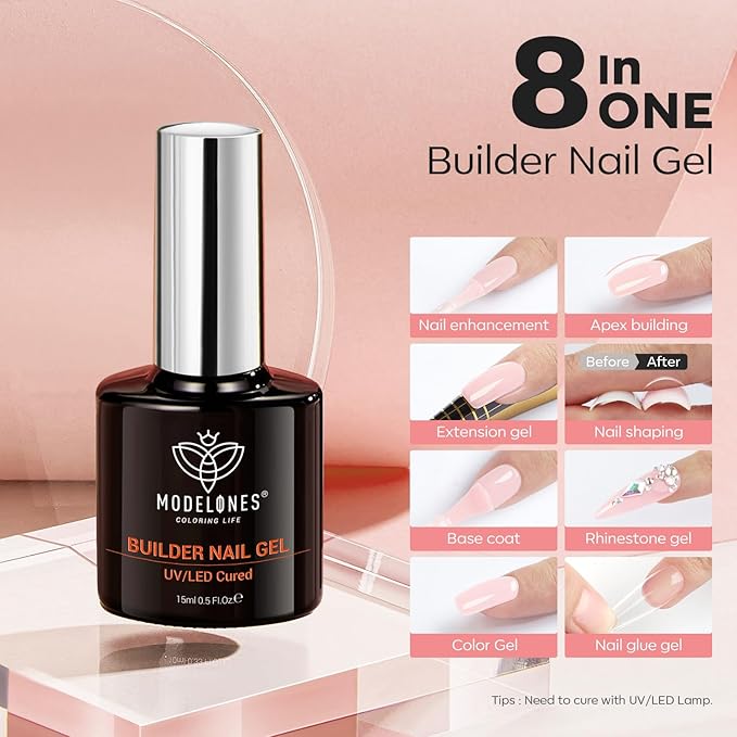 modelones Builder Nail Gel, 8-in-One Barely Pink Builder, Sheer Pink Rubber Base Gel Polish, LED Lamp Cured Color Base Hardener Strengthener Apex Building Extension for Girls DIY Salon Home-Velvo Beauty