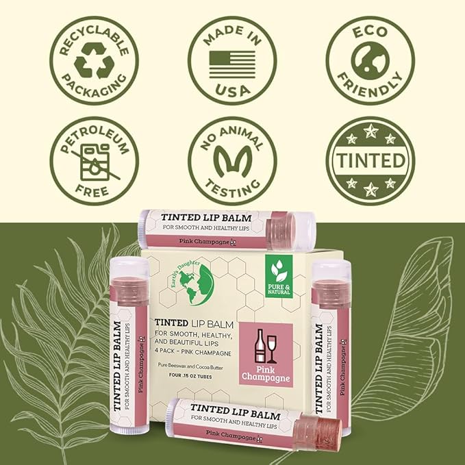 Tinted Lip Balm by Earth’s Daughter – 4 Pack of Pink Champagne Color – Beeswax, Coconut Oil, Cocoa Butter, Vitamin E – Moisturize and Beautify – Paraben Free-Velvo Beauty
