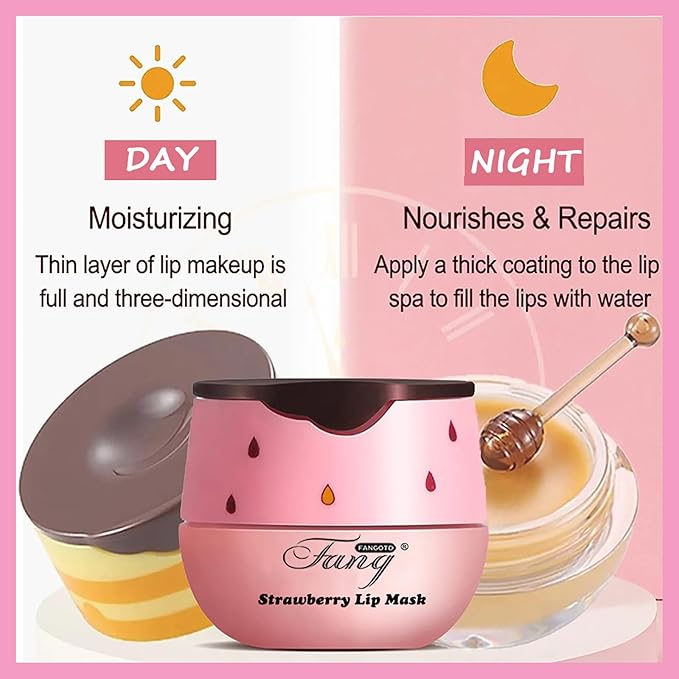 1 PCS Bee Lip Balm Lip Mask Honey Pot, Strawberry Moisturizing Sleeping Lip Mask Overnight with Sticks, Lip Balm Honey Pot Lip Balm Hydrating Prevention Dry and Crack Lip Scrubs Exfoliator-Velvo Beauty