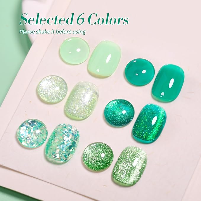 Born Pretty Gel Nail Polish Green Series,Jelly Transparent Gel Nail Polish, Cat Magnetic Eye,Shimmer Glitter Holographic Green Gel Polish Kit for Salon Manicure and Nail Art DIY at Home 6PCS 7ml-Velvo Beauty