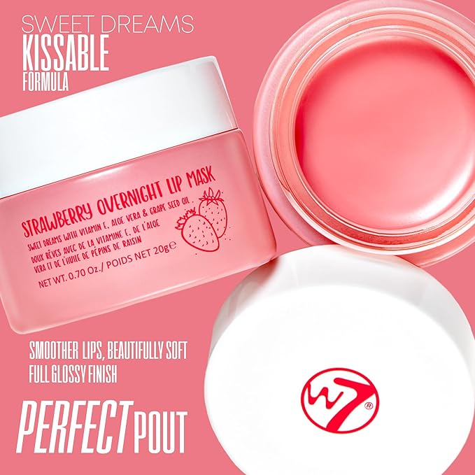 W7 Super Sweet Dreams Strawberry Lip Mask - Vitamin E, Aloe Vera and Grape Seed Oil - For Hydrated, Full Looking & Irresistible Lips - 0.67 Fl Oz-Velvo Beauty