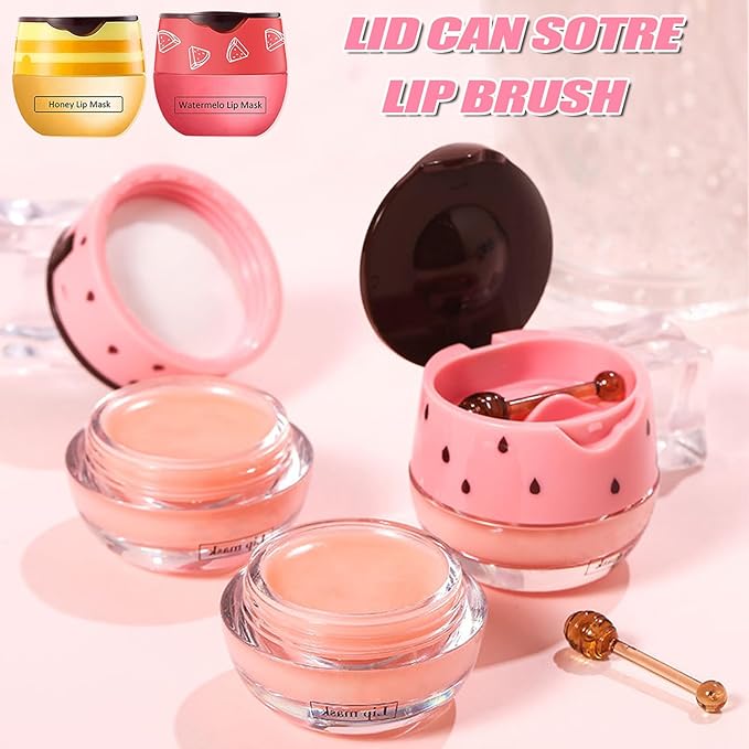 3 PCS Bee Lip Balm Honey Pot, Honey&Strawberry&Watermelon Lip Sleeping Mask Hydrating Prevention Dry and Cracked Lip Scrubs Exfoliator Lip Care, Overnight Lip Mask Reduces Lip Lines-Velvo Beauty