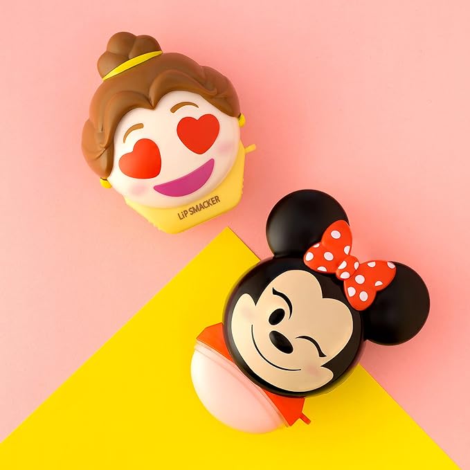 Lip Smacker Disney Minnie Mouse and Beauty And The Beast Belle Emoji Lip Balm Duo, Flavored Strawberry Lemonade, Bow-nade, 2 Pack-Velvo Beauty