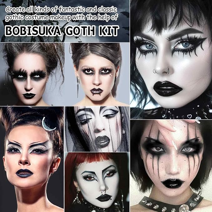 Halloween Goth Makeup, Complete Goth Make Up Set with White Foundation, Black Lipstick, Dark Smokey Eyeshadow Kit for SFX Gothic Makeup, Cosplay, Costume Party, Theater and Film-Velvo Beauty