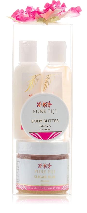 Pure Fiji Spa Gift for Women - Body Gift Box Include:Body Lotion 1Fl.Oz, Nourishing Exotic Oil 1 Fl.Oz, Body Butter 0.5oz & Sugar Rub 2oz, Scent Guava-Velvo Beauty