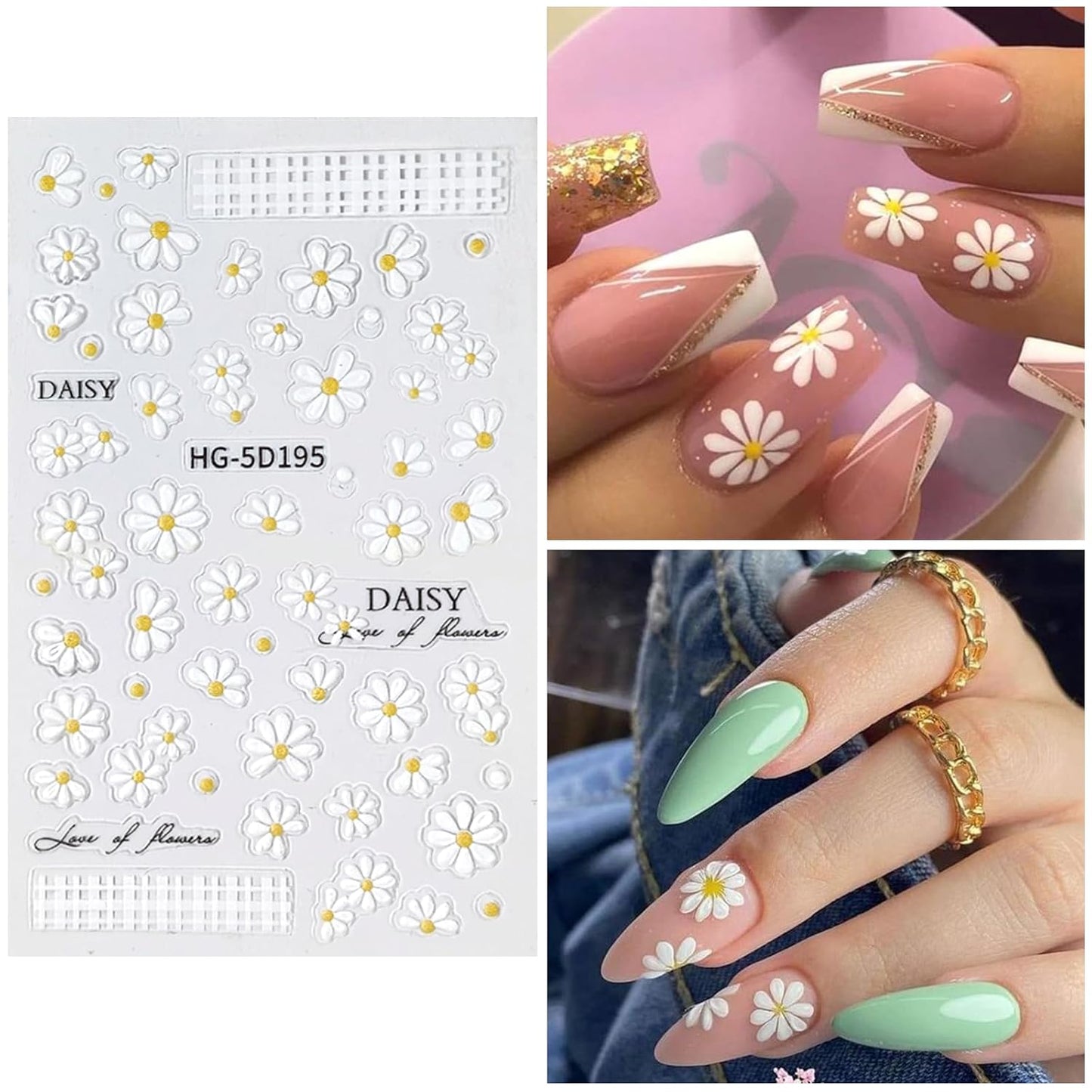 Flower Nail Art Stickers 7 Sheets 5D Nail Decals Spring Summer Nails Art Design 3D Self-Adhesive Supplies White Yellowe Daisy Flower Nails Decoration for Women DIY Design-Velvo Beauty