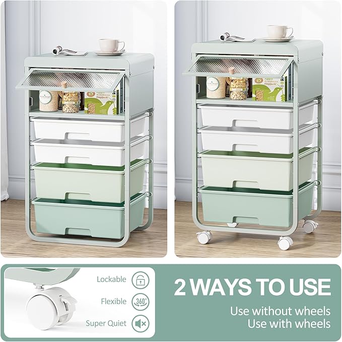 Utility-Rolling-Storage-Drawer-Craft-Cart-Organizers with 4 Drawers & Dust-proof Door for Kid Craft Art Room,Bedroom,Home Office, 4 Tiers Drawer cart, Green-Velvo Beauty