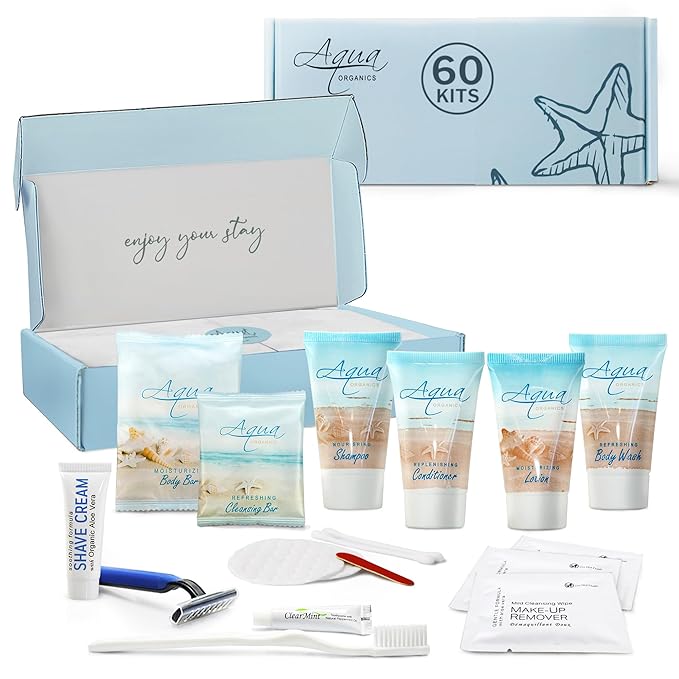 Aqua Organics Amenity & Accessory Kit|1oz Travel Size Shampoo,Conditioner,Lotion,Body Wash,Body Bar, Cleansing Bar, Shave & Dental Sets, Make-Up Remover Wipes & Vanity Kit|60 sets-Velvo Beauty