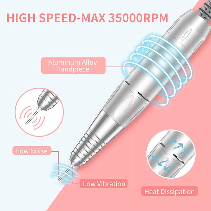 Portable Nail Drill Professional 35000 RPM, MOCOWIND Rechargeable Electric Nail File Machine for Acrylic Nails Gel Polishing Removing, Cordless E-File with Bits Kit for Manicure Salon Home, White-Velvo Beauty