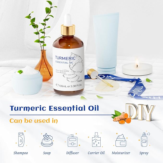 HIQILI 100ML Turmeric Oil for Face Skin Care, Aromatherapy,100% Pure, Use After Dilution- 3.38 Fl Oz-Velvo Beauty