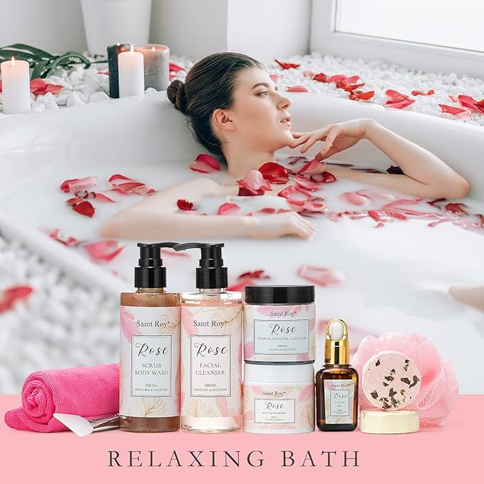 Spa Gifts for Women，10pcs Self Care Kit ROSE Scented with Facial Cleanser, Scrub Body Wash, Facial Clay Mask, Facial, Essential Oil, Birthday Gifts Skin Care Set, Mothers Day Gifts Ideas-Velvo Beauty