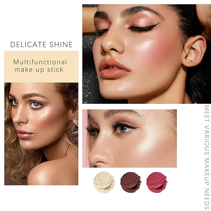 3 Colors Highlilghter Contour Blush Sticks Creamy Sticks for Cheeks, Eyes Cosmetics Stick Set, 3 in 1 Long Lasting Waterproof Moisturizer Makeup Sticks for All Skin-Velvo Beauty