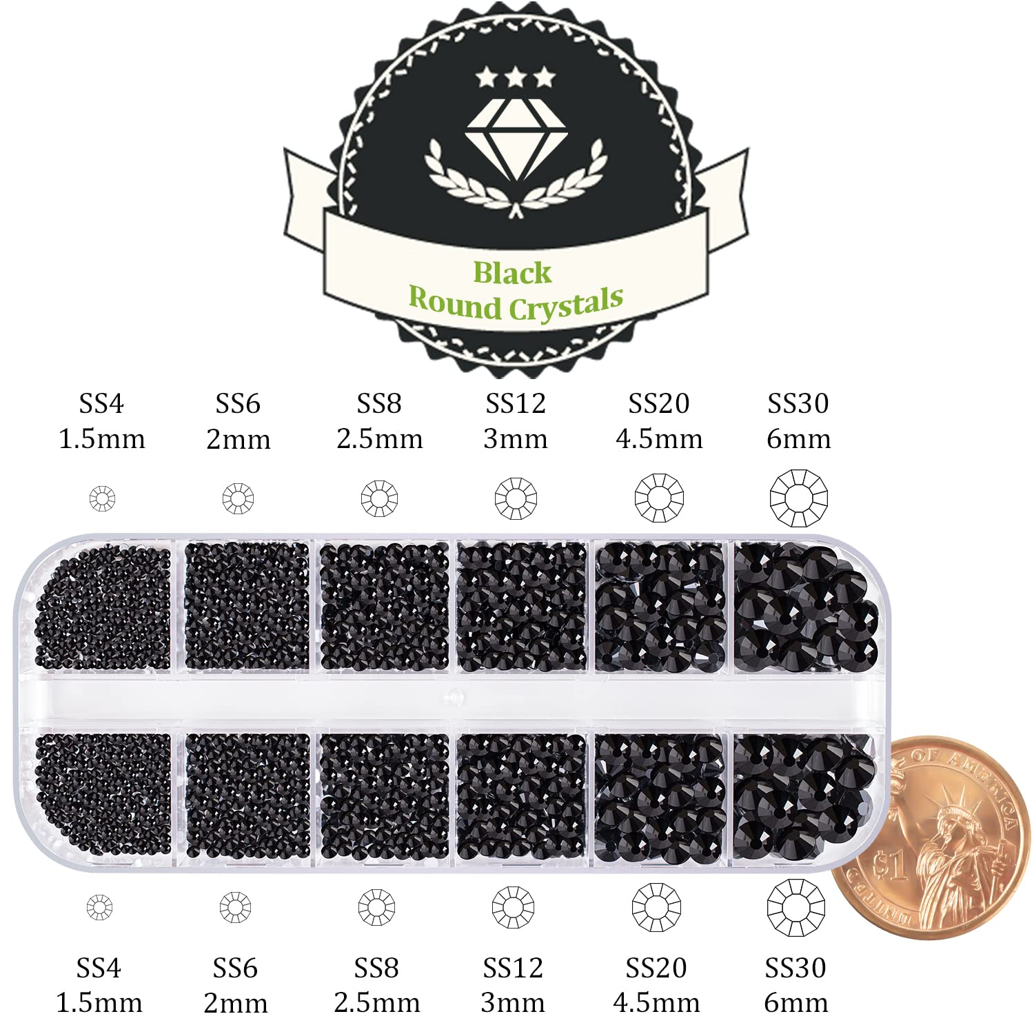 One Pack 2000 Pcs of Flatback Round Black Rhinestones 6 Sizes (1.5-6 mm) with Nail Art Rhinestone Picker Pencil and Tweezers for DIY and Salon Use-Velvo Beauty