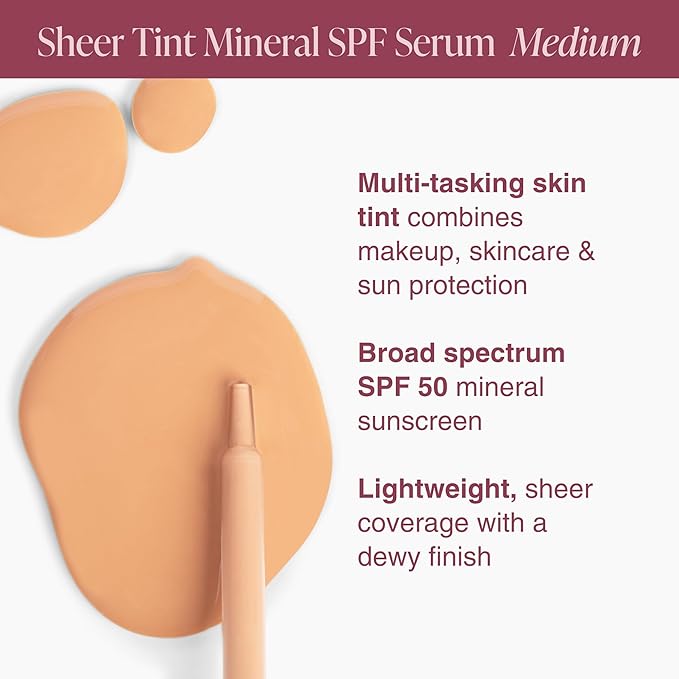 Mineral Fusion Face Serum, Sheer Tint Mineral SPF Serum, 1 Fl Oz, Medium, Tinted Broad Spectrum SPF 50 Mineral Sunscreen, Sheer Coverage, Lightweight & Dewy Finish for Glowing, Protected Skin-Velvo Beauty
