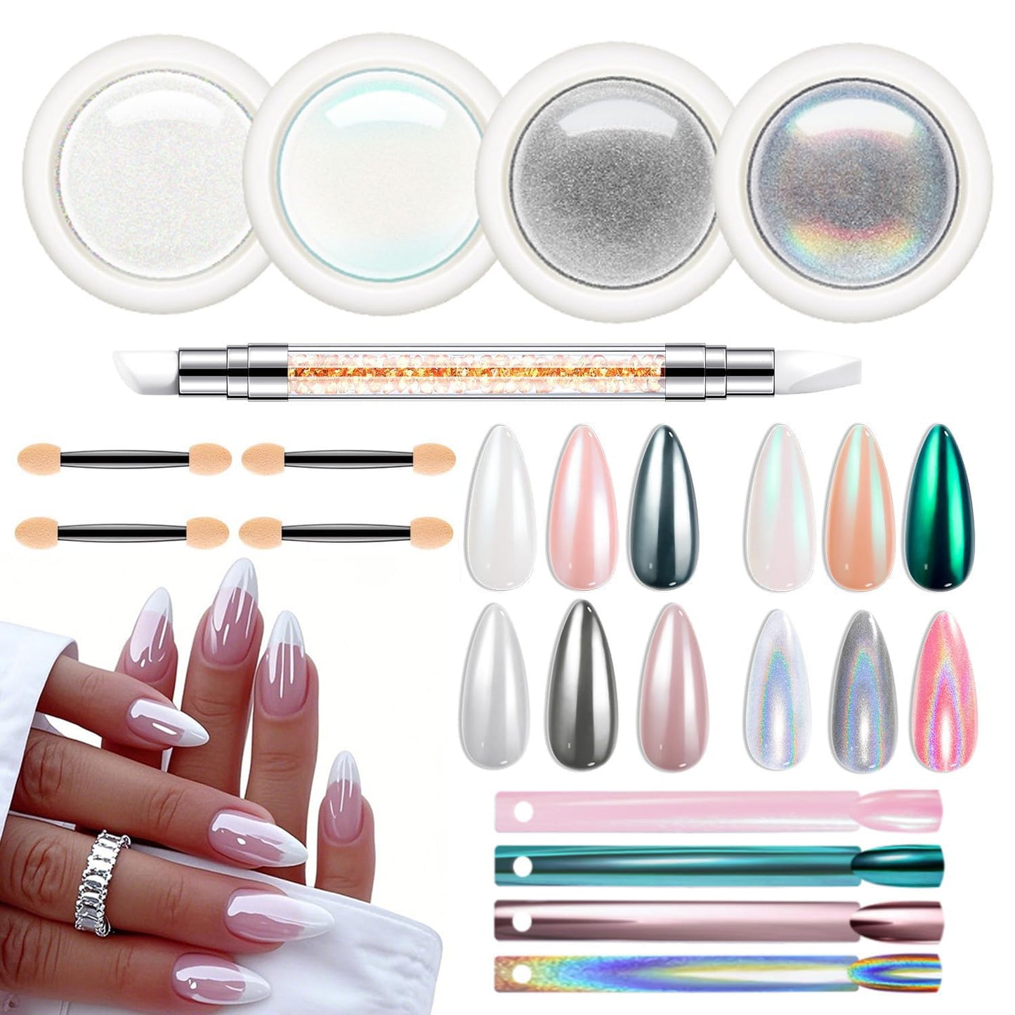 modelones Chrome Nail Powder 4 pcs, White Pearl Nail Chrome Powder, Iridescent Aurora Glitter Mermaid Silver Metallic Mirror Holographic Effect Pearlescent Pigment Dust Kit Resin Craft-Velvo Beauty