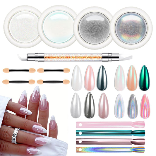 modelones Chrome Nail Powder 4 pcs, White Pearl Nail Chrome Powder, Iridescent Aurora Glitter Mermaid Silver Metallic Mirror Holographic Effect Pearlescent Pigment Dust Kit Resin Craft-Velvo Beauty