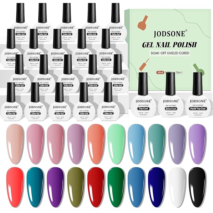 JODSONE Gel Nail Polish 20 Color Blue Red Matching Base Coat Glossy and Matte Top Coat 23 Bottles of 10ml Professional Nail Care Use-Velvo Beauty