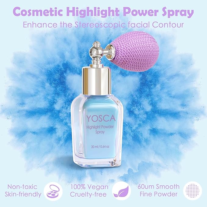 Yosca Highlighter Powder Spray, 20ML Cosmetic Grade Shimmer Powder Blue Glitter Spray Sparkle Highlighter Makeup Festival Concert Accessorise for Rave Clothes Hair Face Nail Art - Cedre Lake-Velvo Beauty