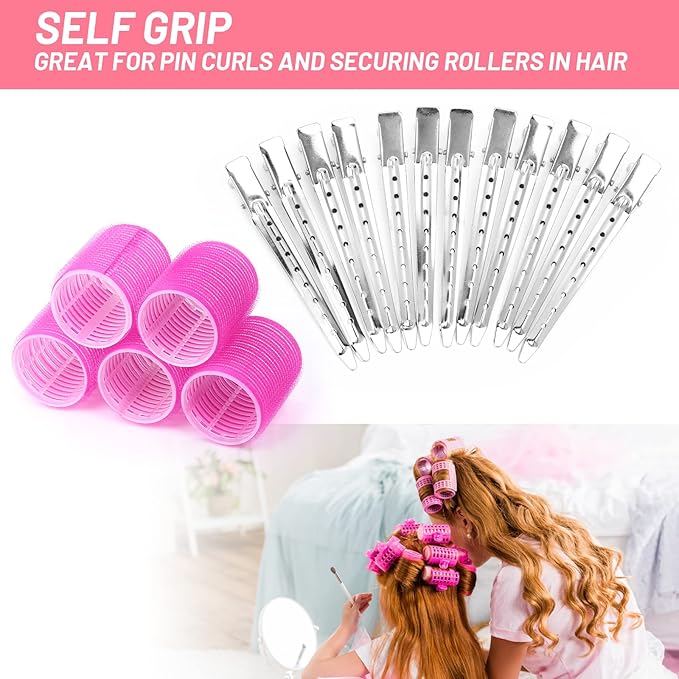 Big Self-Grip Hair Rollers with Stainless Steel Duckbill Clips for Long, Medium Hair and Volume-Velvo Beauty