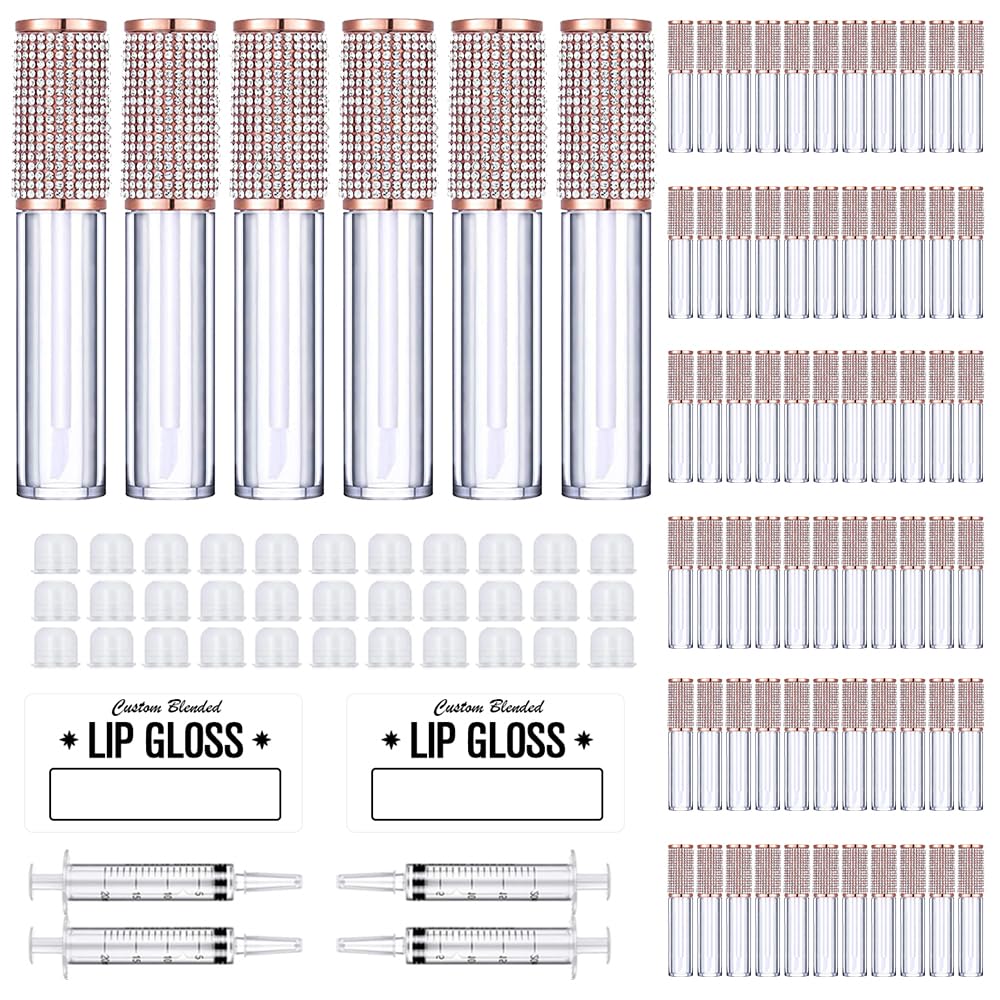 AMORIX 72 Pack 5ml Crystal Rhinestone Lip Gloss Tubes with Wand 5ml Empty Lip Gloss Containers Lipgloss Bottles with Stoppers 4pcs Syringes + Labels for DIY Lip Gloss Balm-Velvo Beauty