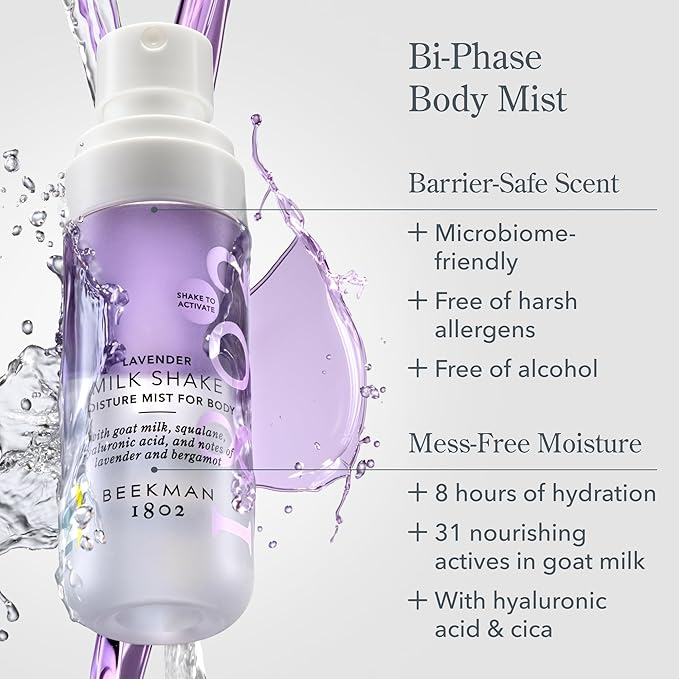Beekman 1802 Lavender Milk Shake - Body Mist - 2.0 fl. oz - With Hyaluronic Acid & Jojoba Oil - Instantly Moisturizes, Hydrates & Softens - Good for Sensitive Skin - Cruelty Free-Velvo Beauty