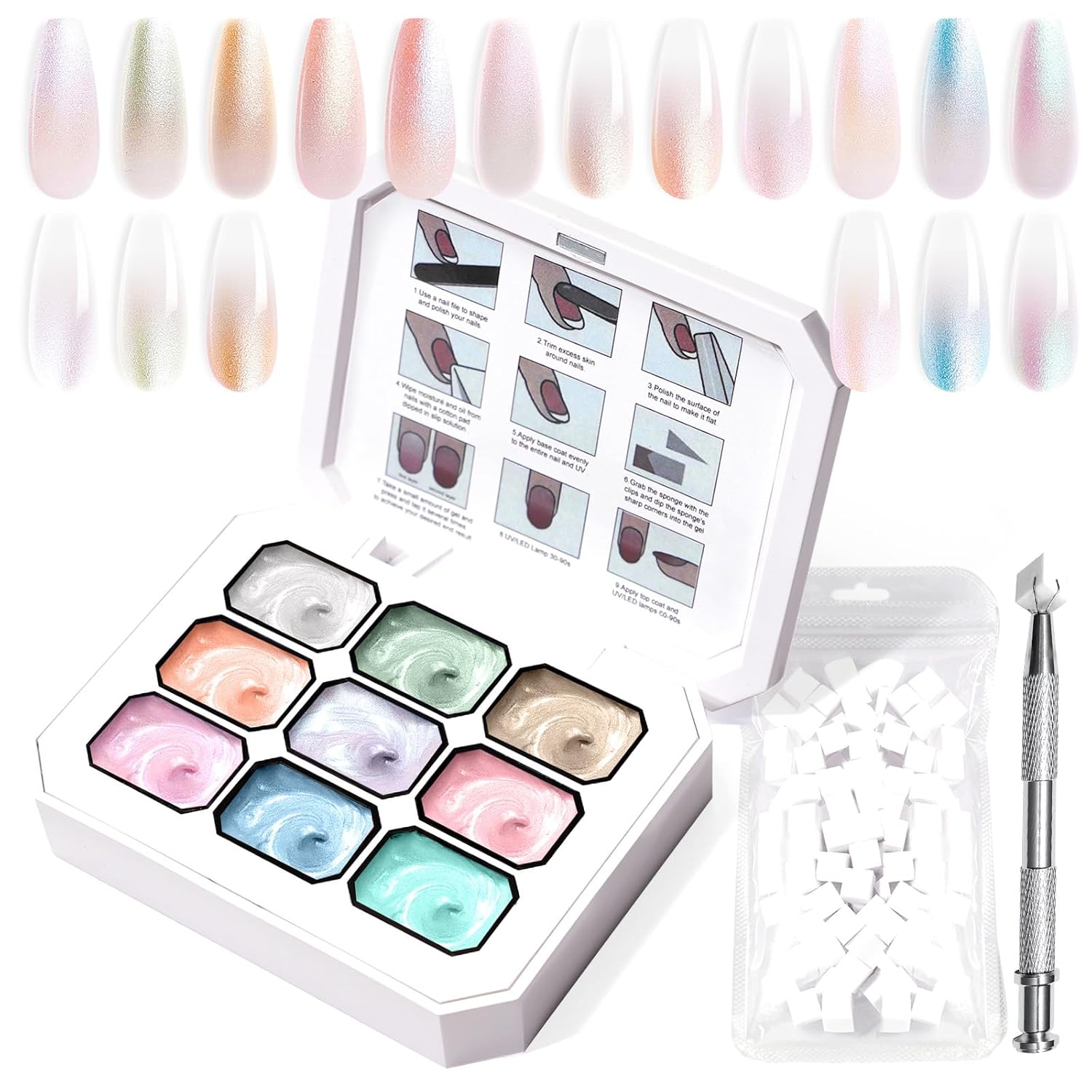 Gradient Painting Gel, 9 Colors Ombre Gel Nail Polish with Pearlescent Silk Satin Pigment Pat Nails Aura Nails French Manicure Soak Off UV Treasure of Pearl-Velvo Beauty