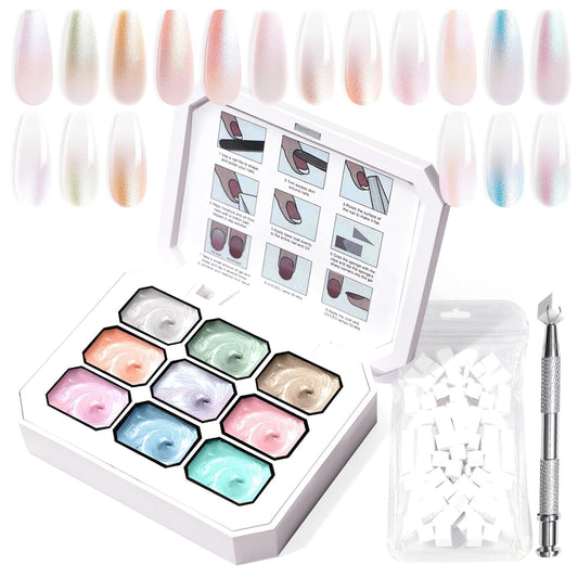 Gradient Painting Gel, 9 Colors Ombre Gel Nail Polish with Pearlescent Silk Satin Pigment Pat Nails Aura Nails French Manicure Soak Off UV Treasure of Pearl-Velvo Beauty