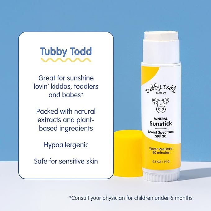 TUBBY TODD Mineral Sunstick - Broad Spectrum SPF 30 Sunscreen for Kids - Water-Resistant Stick Sunscreen for Body & Face - Safe for Sensitive Skin - 2 Pack, 0.5 oz-Velvo Beauty