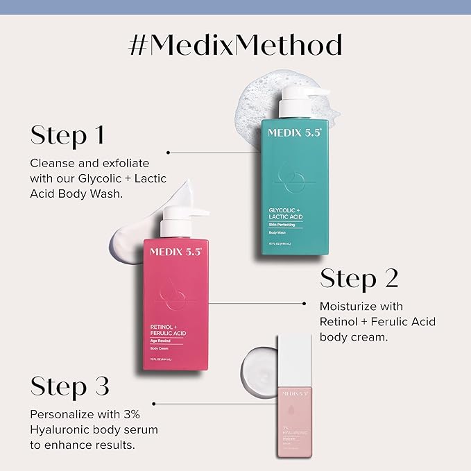 Medix 5.5 Anti Aging Skin Care 3PC Set | Retinol Body Cream + Exfoliating AHA Glycolic Acid Foaming Face Wash & Body Wash + Hyaluronic Acid Serum Booster, Cleanse + Treat + Hydrate Skincare Set, 3PC-Velvo Beauty