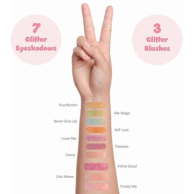 Expressions Perfectly Me Glisten & Glitter Makeup Palette 10 Color Eyeshadow Palette & Blush Makeup Novelty Beauty Set, Fold Out Compact with Mirror, Cute Makeup Kit Gifts - Washable, Non-Toxic-Velvo Beauty