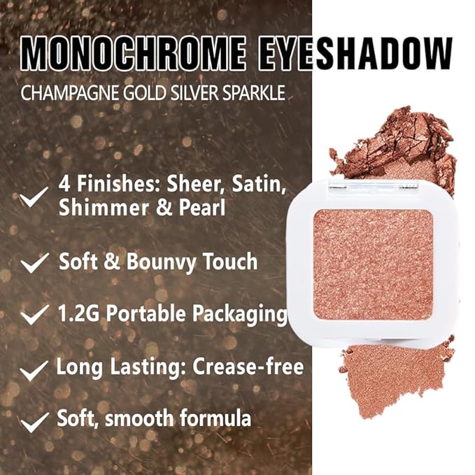 evpct Champagne Gold Glitter Eyeshadow Palette Single, Nude Gold Pink Shimmer Sparkle Cream Eye Shadow Palette Brightener Makeup for Older Women, High Pigment Long Lasting Monochrome Mini Eyeshadow-Velvo Beauty