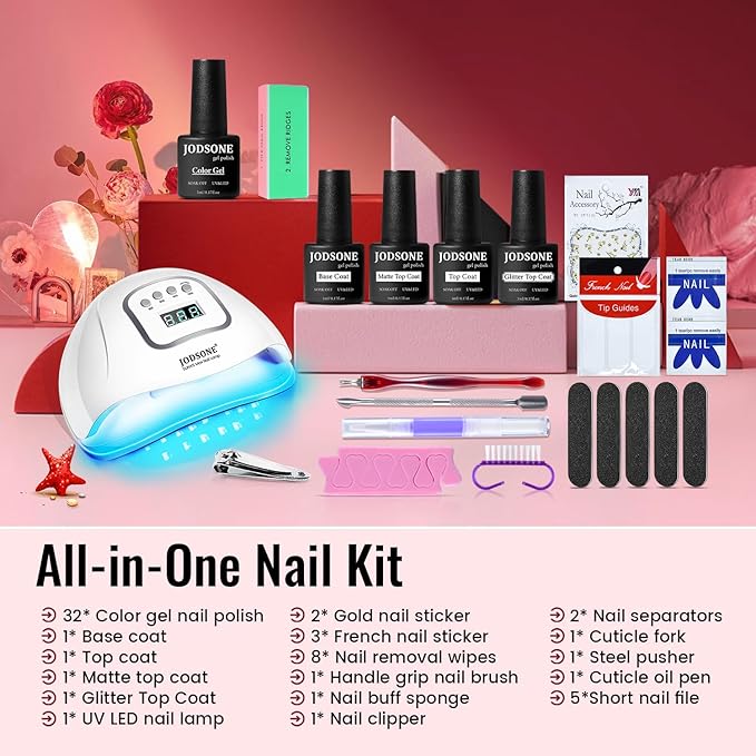JODSONE Gel Nail Polish Kit with U V Light 32 Colors Gel Polish Nail + 4 Functional Adhesive Bottles Kit Soak Off Manicure Tools Gifts for Women-Velvo Beauty