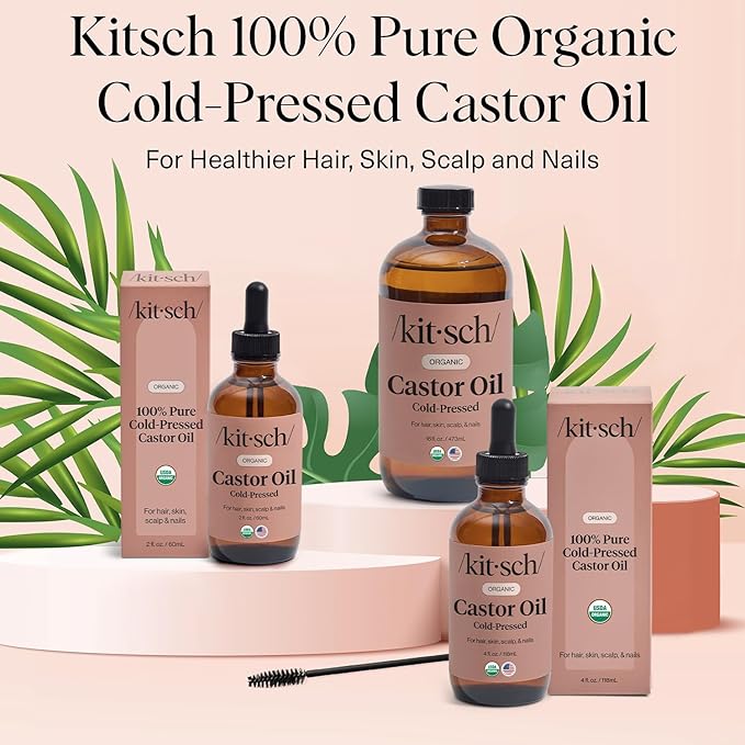 Kitsch Organic Castor Oil for Hair Growth - 100% Pure Castor Oil, Organic Cold Pressed Unrefined Glass Bottle for Face, Skin, Lashes, Brows, Scalp, Nails & Belly Button - Hexane Free, USDA - 16 oz-Velvo Beauty