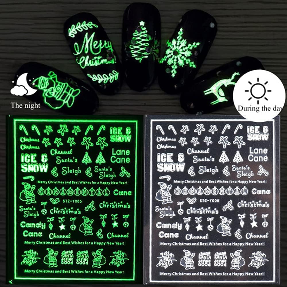 9 Sheets Christmas Glow in The Dark Nail Art Stickers Decals Self-Adhesive Pegatinas Uñas Navidad Winter Holiday Xmas Snowflake Nail Supplies Nail Art Design Decoration Accessories-Velvo Beauty