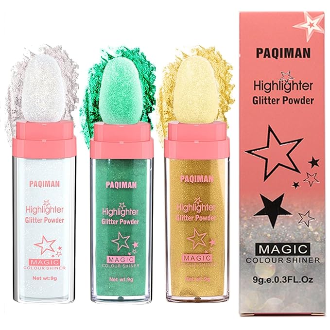 3 Colors Glitter Powder Highlighter Makeup, Body Brightens the Natural Three-Dimensional Face Blusher Fairy Highlight Patting Powder. (01#White Moonbeam/04# Green/05# Gold)-Velvo Beauty