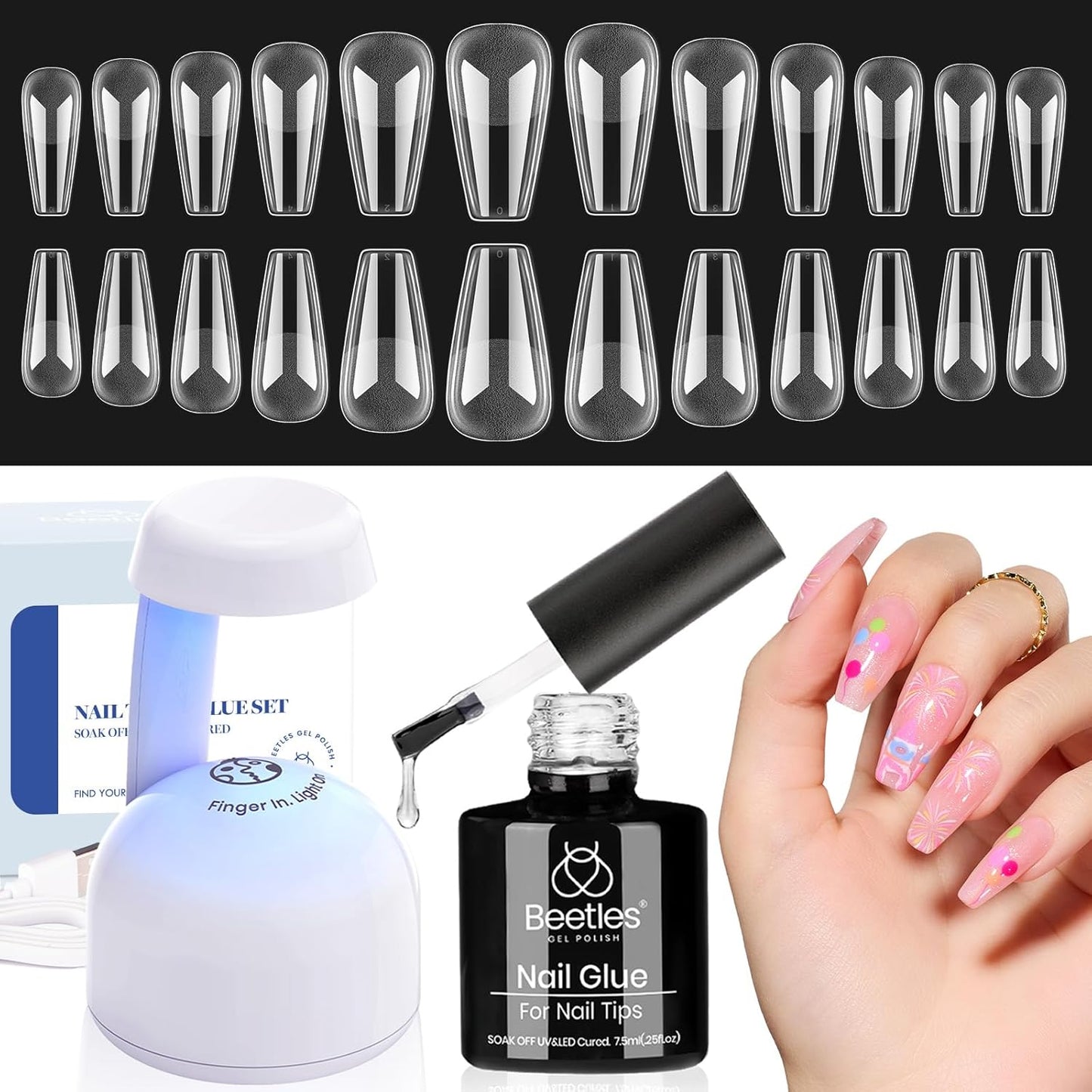 Beetles Gel Nail Kit Easy Nail Extension Set With Etch X Nail Tips 504Pcs Half Matte Medium Coffin Shaped Tips 5 in 1 Nail Glue Base Gel and Innovative Led Lamp Diy Art at Home Nail Kit-Velvo Beauty