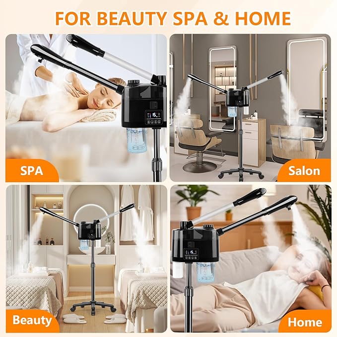 Professional Facial Steamer with Ozone and Hot & Cold Mist, Esthetician Steamer on Wheels, Face Humidifier for Facial Deep Cleaning, Digital Facial Steamer for Home and Salon, Black-Velvo Beauty